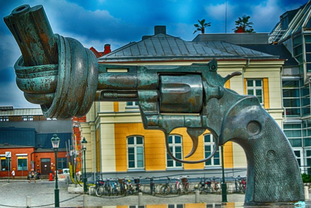 A sculpture representing non-violence in Malmö, Sweden.