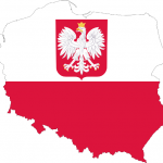 Poland, represented with its territory, its emblem and its colors.