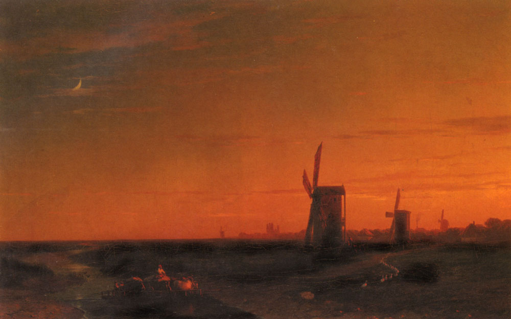 Landscape With Windmills. Painting by Ivan Aivazovsky (1817–1900).