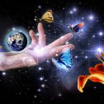 Photo of a photo expressing harmony with the Earth, butterflies, flowers in space.