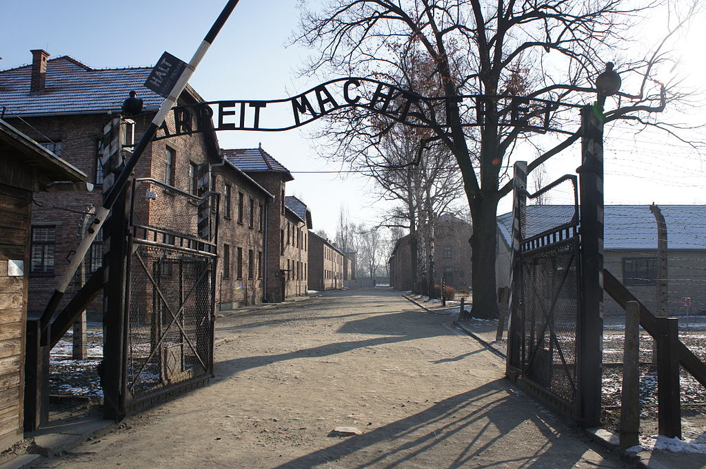 The main entrance to the Nazi death camp Auschwitz I, near the town of Oświęcim in Poland.