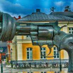 A sculpture representing non-violence in Malmö, Sweden.