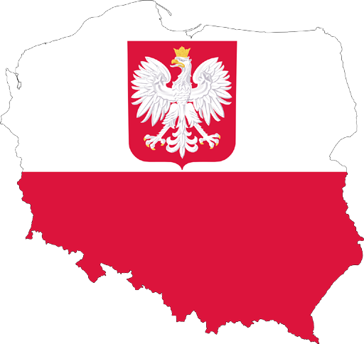 Poland, represented with its territory, its emblem and its colors.