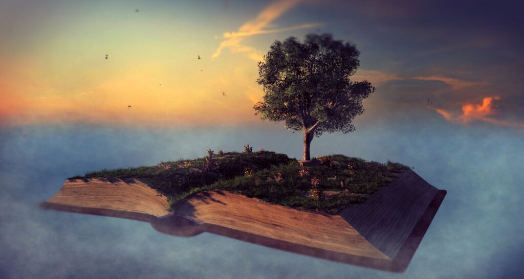 Photo d'un livre avec un arbre.
