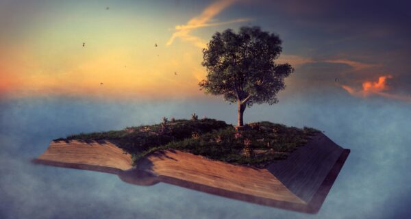 Photo d'un livre avec un arbre.
