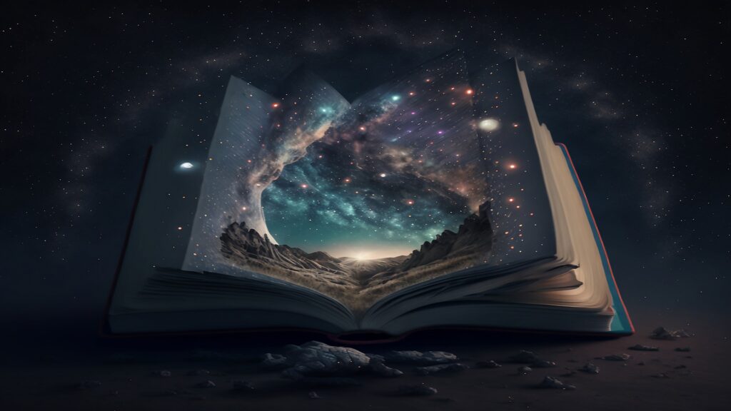 Photo d'un livre ouvert avec une représentation du cosmos autour.
