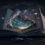 Photo of an open book with a representation of the cosmos around it.