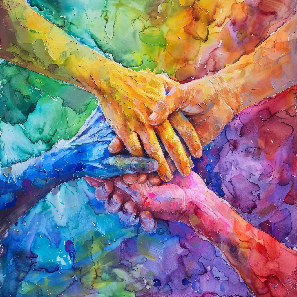 Photo représentant plusieurs mains qui se serrent sur un fond multicolore pour symboliser la solidarité, l'altruisme.