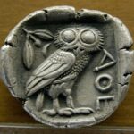 Owl standing right, head facing. Reverse of a silver tetradrachm from Athens, ca. 480–420 BC.