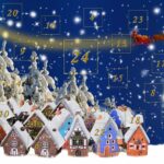 Paysage enneigé avec des maisons et des 24 cases pour le calendrier de l'Avent.