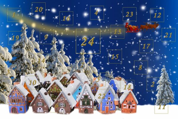 Paysage enneigé avec des maisons et des 24 cases pour le calendrier de l'Avent.