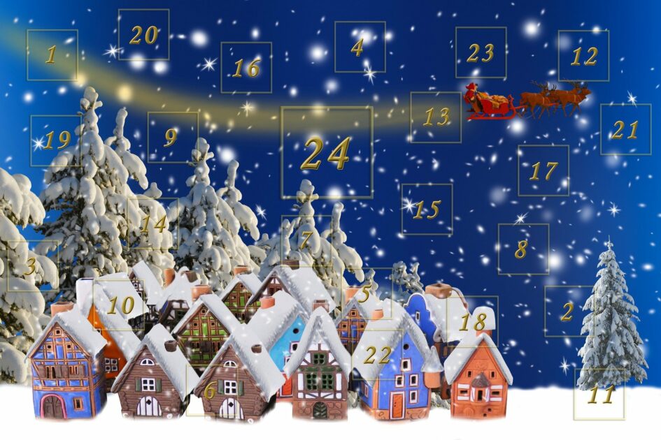 Paysage enneigé avec des maisons et des 24 cases pour le calendrier de l'Avent.